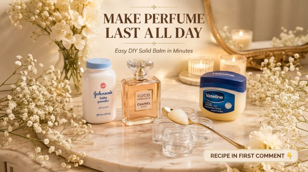 A flat lay composition showing ingredients and tools for a DIY beauty hack including a bottle of Johnson s baby powder a