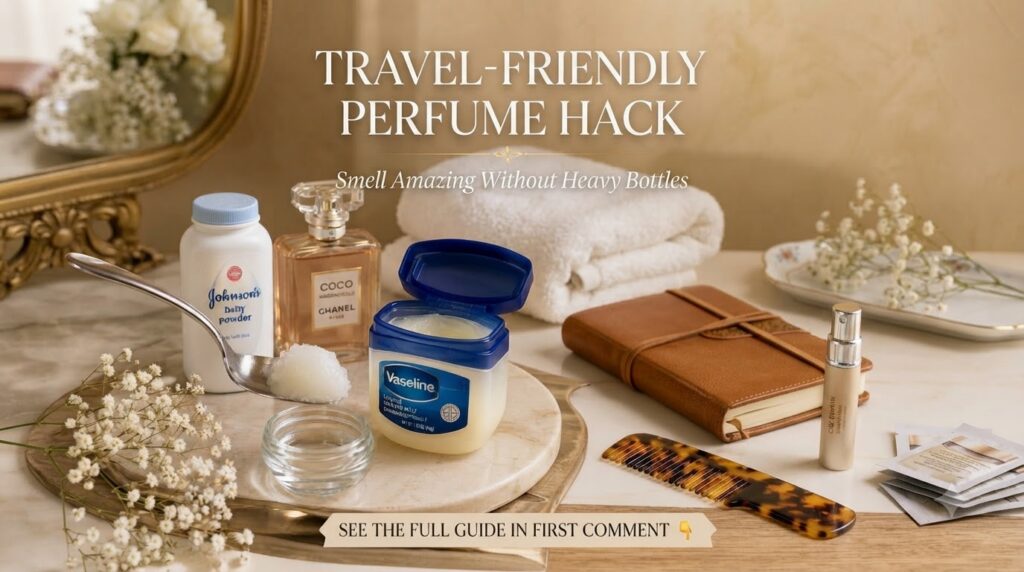 A flat lay showing items for a DIY solid perfume a bottle of Chanel perfume an open tub of Vaseline Johnson s baby powde