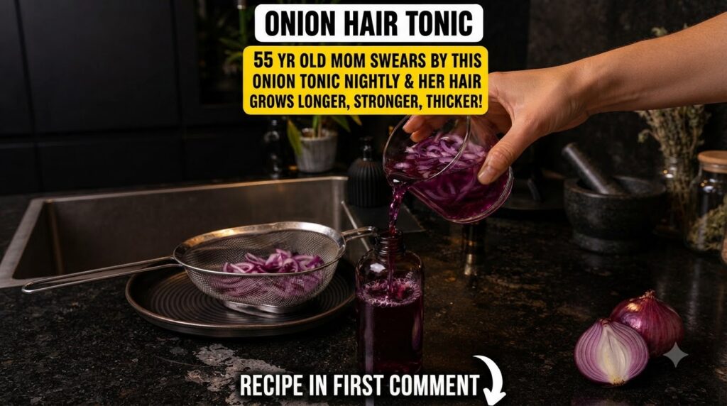 A hand pouring vibrant purple liquid infused with red onion slices from a clear glass into a small brown bottle on a dar