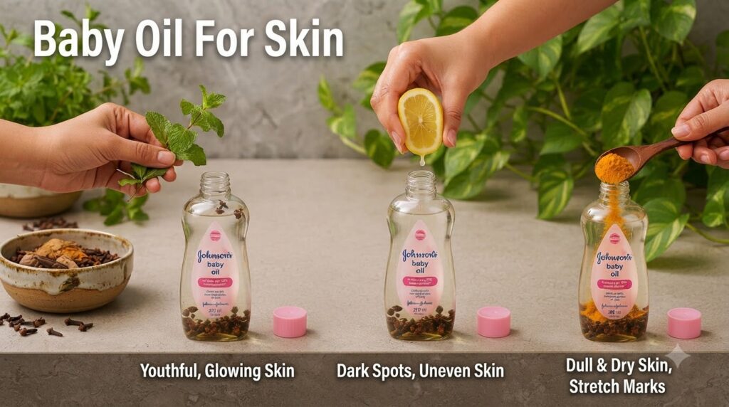 A vertical triptych showing three bottles of Johnson s baby oil being infused with natural ingredients top panel with gr