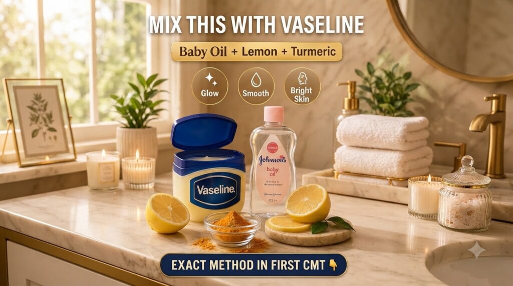 A DIY beauty recipe setup on a marble countertop featuring a jar of Vaseline a bottle of Johnson s baby oil fresh lemons
