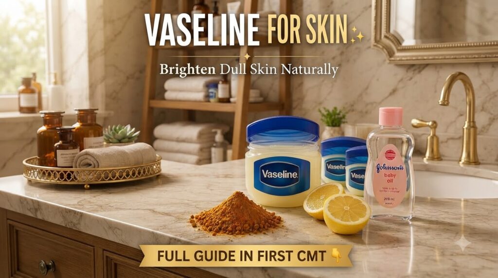 An array of skincare items and natural ingredients including Vaseline jars baby oil lemon halves and turmeric powder art
