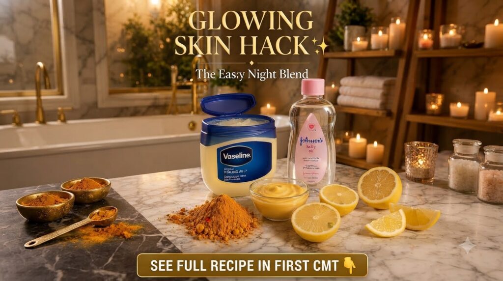 A skincare hack setup on a marble counter with an open tub of Vaseline a bottle of Johnson s baby oil a bowl of yellow p