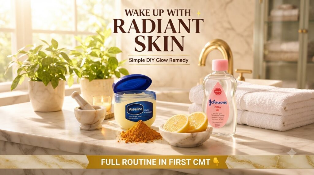 A DIY skincare setup on a bathroom counter featuring an open jar of Vaseline a bottle of Johnson s baby oil a pile of tu