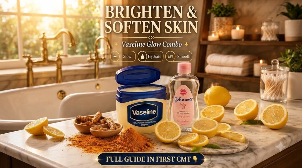 An open jar of Vaseline a bottle of Johnson s baby oil fresh lemon slices whole lemons turmeric powder and turmeric root