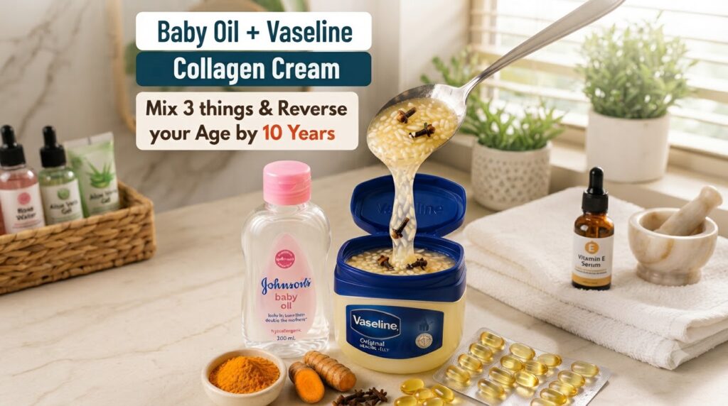 Ingredients for a DIY collagen cream including Vaseline baby oil rice cloves turmeric and vitamin capsules with a spoon 