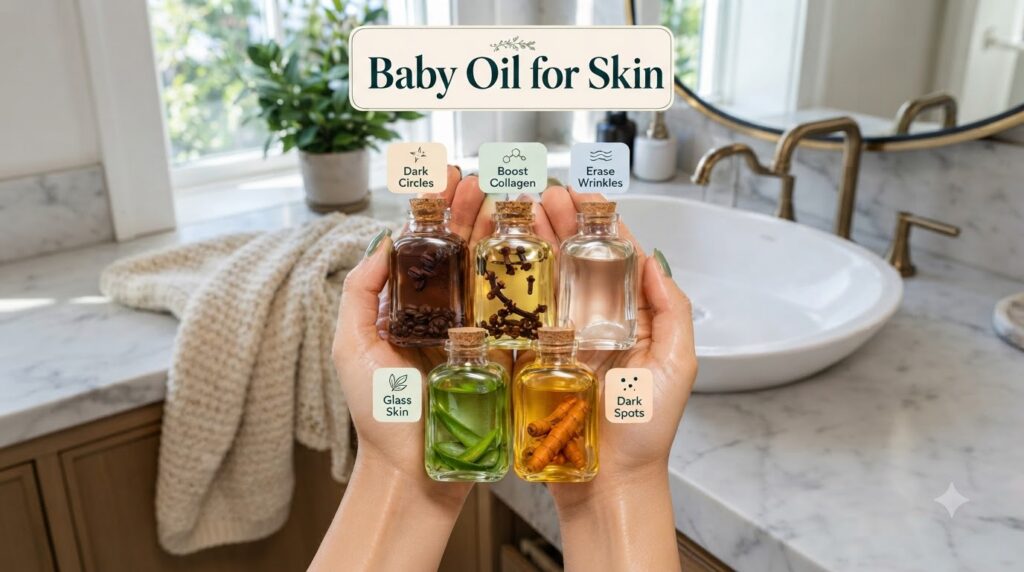 A pair of hands gently cupping five small glass bottles each containing natural ingredients like coffee beans cloves alo