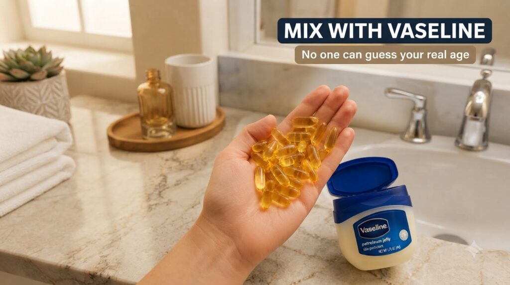 A hand holding yellow vitamin E capsules next to an open jar of Vaseline on a marble bathroom counter