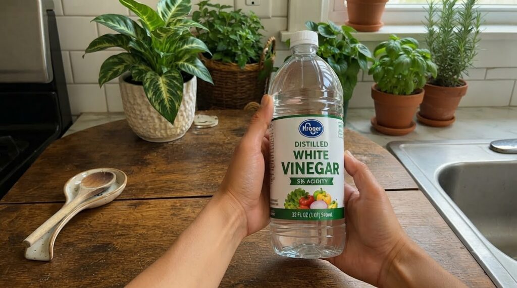 A bottle of Kroger Distilled White Vinegar held by two hands with a wooden surface and potted green plants in the blurre