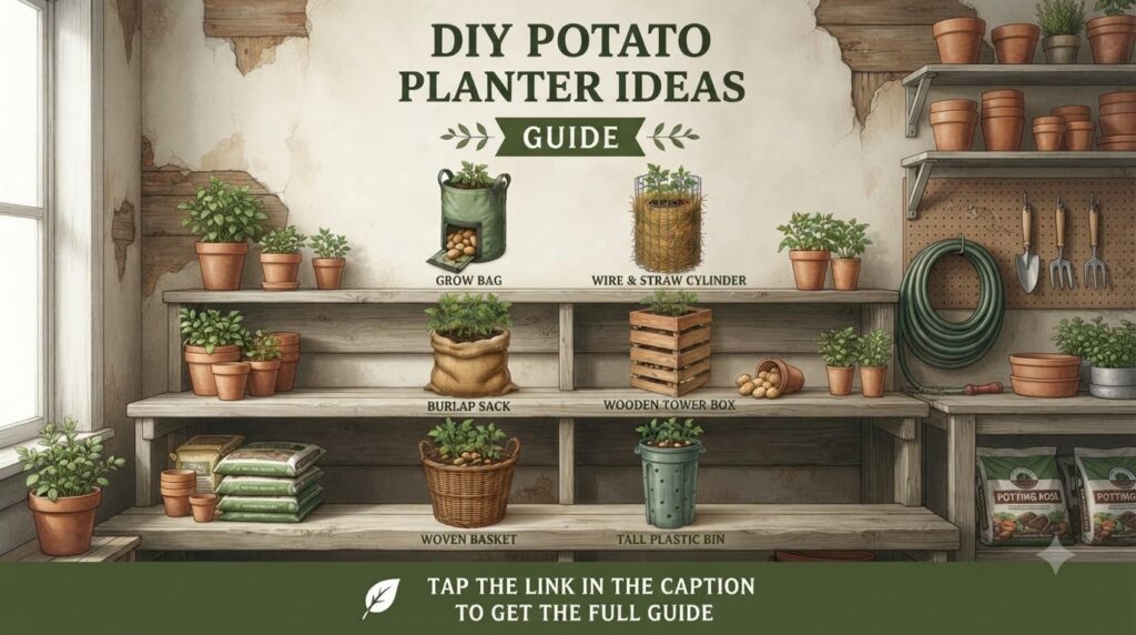 A visual guide illustrating six different DIY potato planter ideas a grow bag a wire and straw cylinder a burlap sack a 