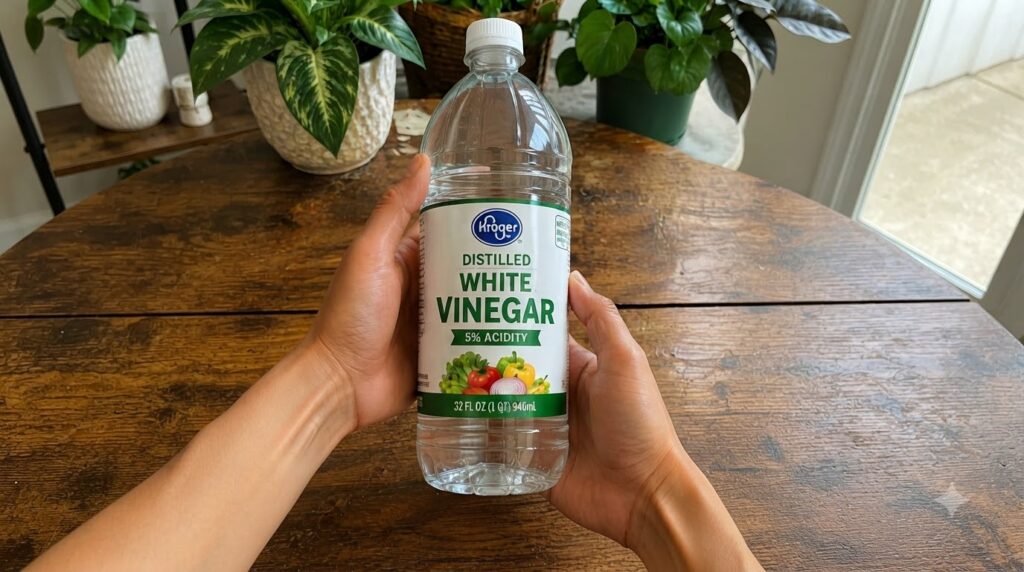 A plastic bottle of Kroger Distilled White Vinegar held by two hands against a wooden table with blurred green potted pl