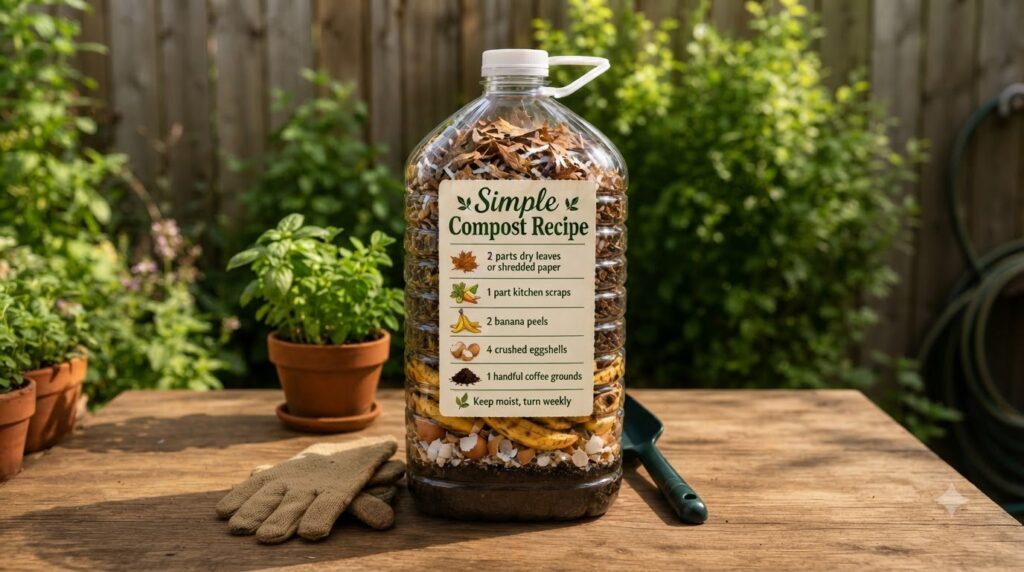 A clear plastic bottle demonstrating compost layers with organic materials and a label