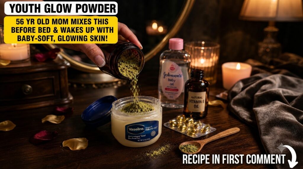 A hand pouring green moringa powder from an amber bottle into a jar of Vaseline on a dark wooden surface surrounded by o