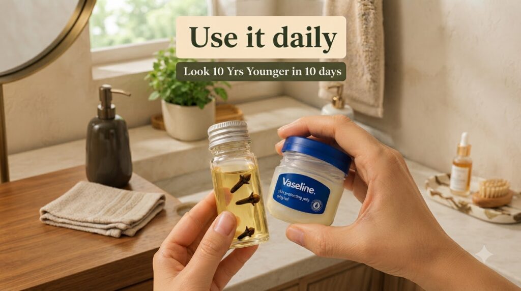 Two hands holding a small glass bottle of oil with cloves and a jar of Vaseline skin protecting jelly against a blurred 