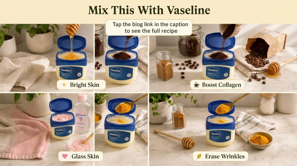 A four-panel grid showing various DIY beauty concoctions with Vaseline and ingredients like honey coffee grounds and tur