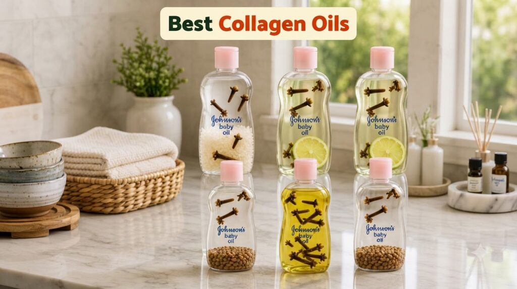 Four clear bottles of Johnson s baby oil each infused with cloves and other natural ingredients like white beads a lime 