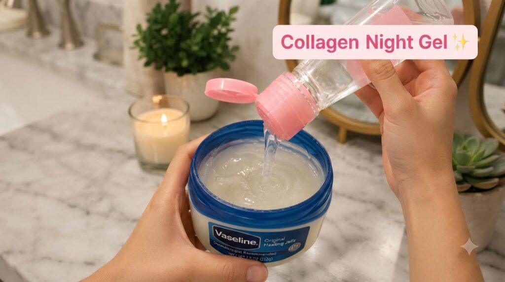 A hand holding a tub of Vaseline Original Healing Jelly with a clear liquid Collagen Night Gel being poured into it from