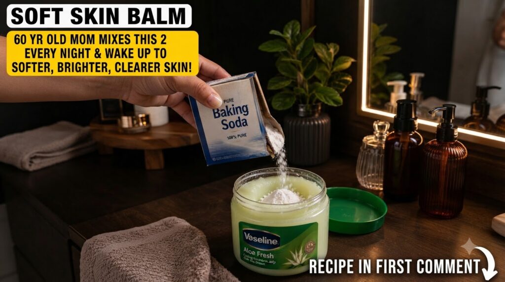 A hand pouring white baking soda from a blue box into a clear jar of green Vaseline Aloe Fresh petroleum jelly creating 