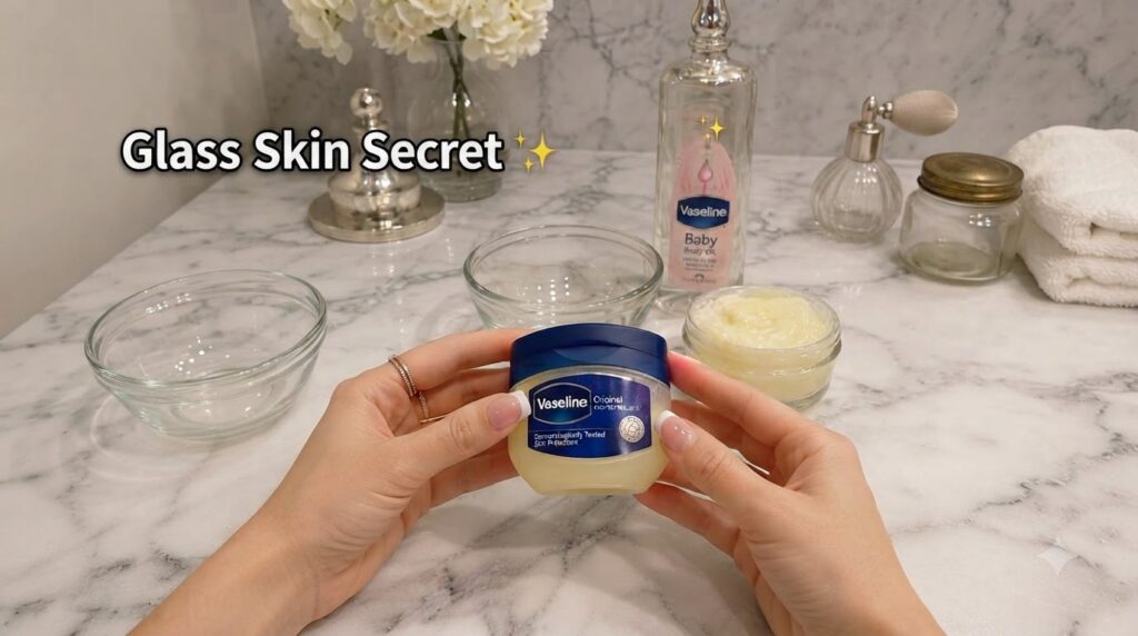 A pair of hands holding a jar of Vaseline Original Protecting Jelly The background includes Vaseline Baby Body Oil a sma