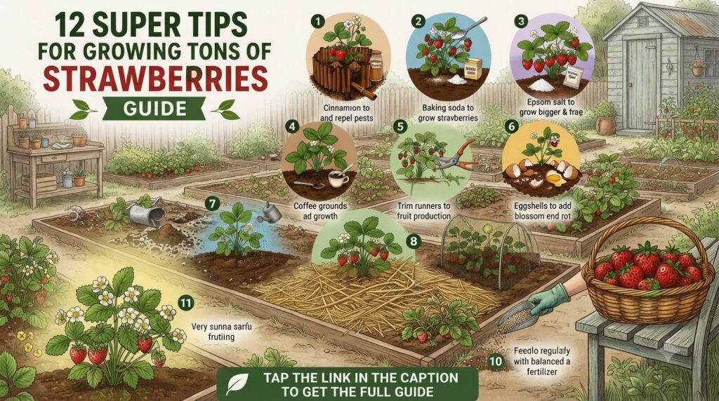 An infographic titled 12 SUPER TIPS FOR GROWING TONS OF STRAWBERRIES GUIDE with twelve circular illustrations showing va