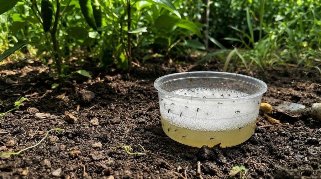 A clear plastic cup containing a yellow liquid topped with white foam with numerous mosquitoes on and around it
