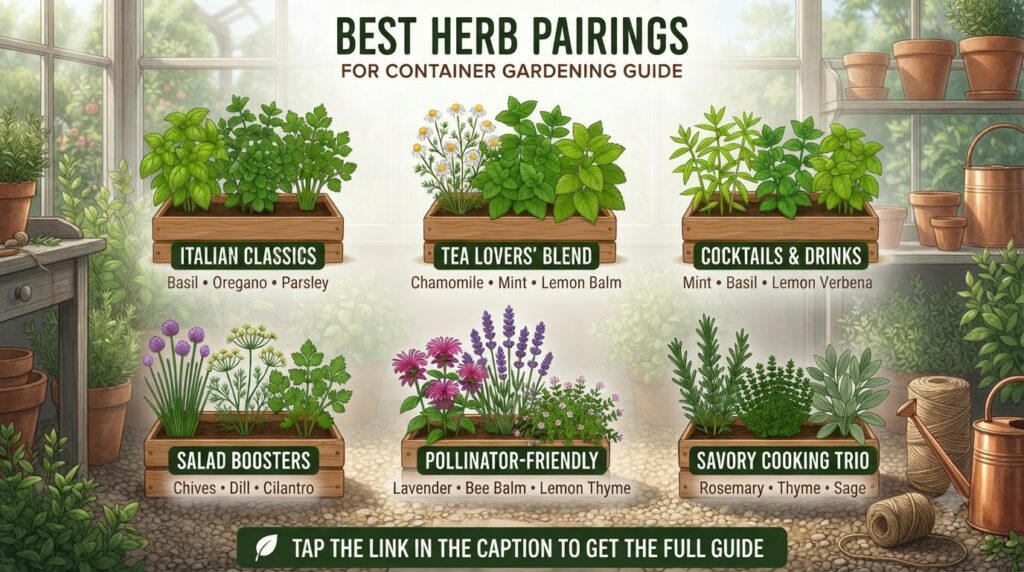 An infographic illustrating best herb pairings for container gardening featuring six wooden planters with different herb