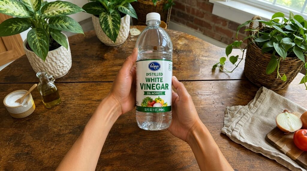 A person s hands holding a clear plastic bottle of Kroger Distilled White Vinegar with a rustic wooden table and blurred