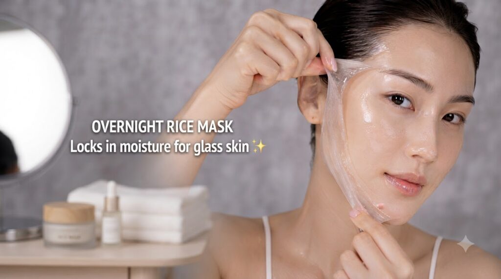 A close-up of a woman gently peeling off a translucent face mask revealing smooth radiant glass skin underneath on the l