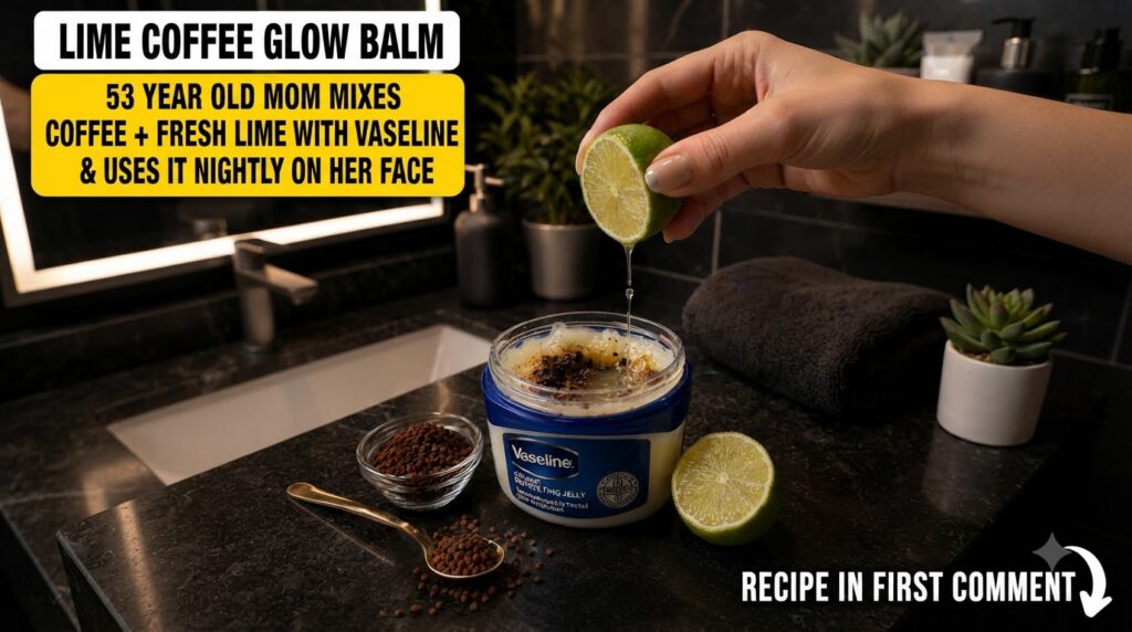 A hand squeezing fresh lime juice into a jar of Vaseline mixed with coffee grounds on a dark marble countertop