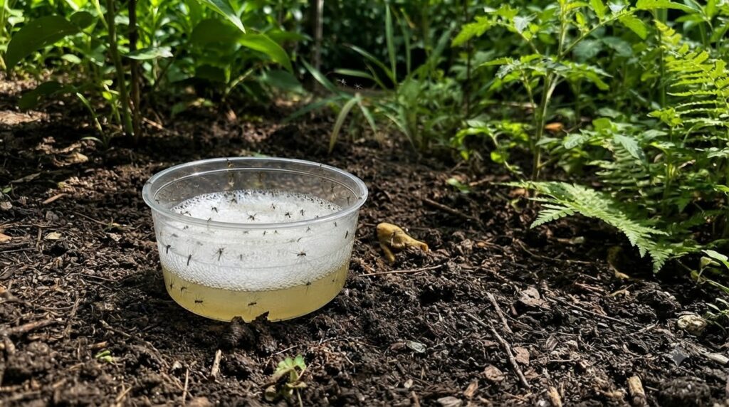 A homemade mosquito trap consisting of a clear plastic cup half-filled with yellowish liquid and white foam trapping sev