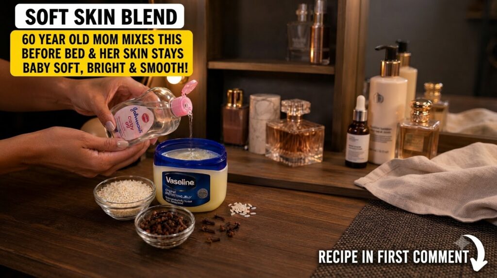Hands pouring baby oil into a tub of Vaseline with small bowls of white rice and whole cloves on a wooden surface