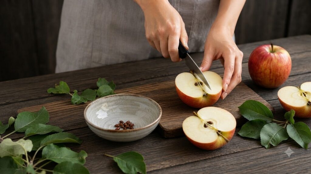 Hands in a light gray apron cutting a red apple on a rustic wooden cutting board A whole apple and a cut apple half are 