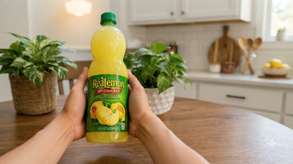 A bright yellow bottle of 100 lemon juice held by hands with a background of green plants and a wooden table