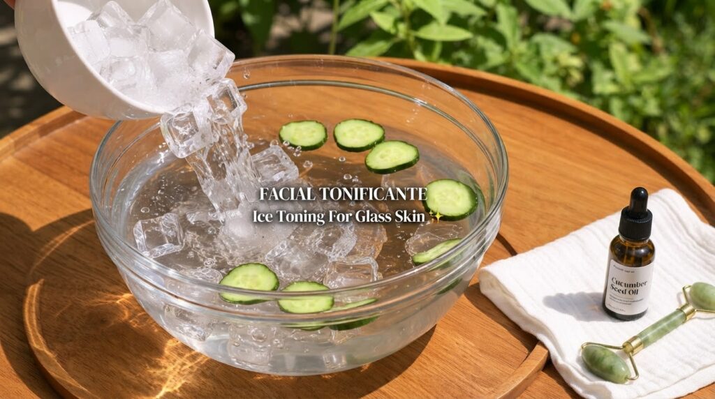 A clear glass bowl on a wooden tray with water ice cubes and cucumber slices A white bowl is pouring more ice into it cr