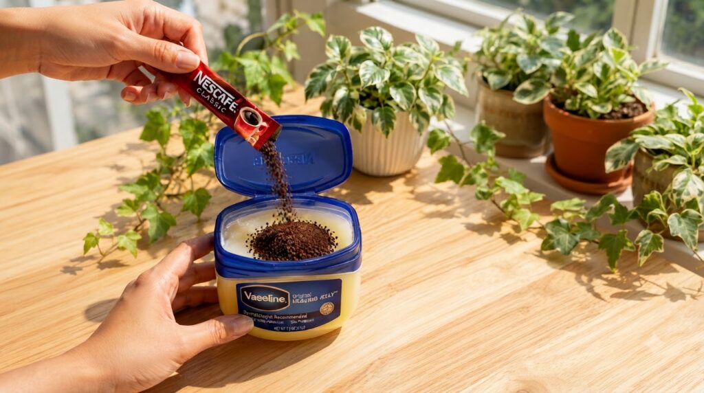 Instant coffee granules being poured from a sachet into an open tub of Vaseline Original Healing Jelly