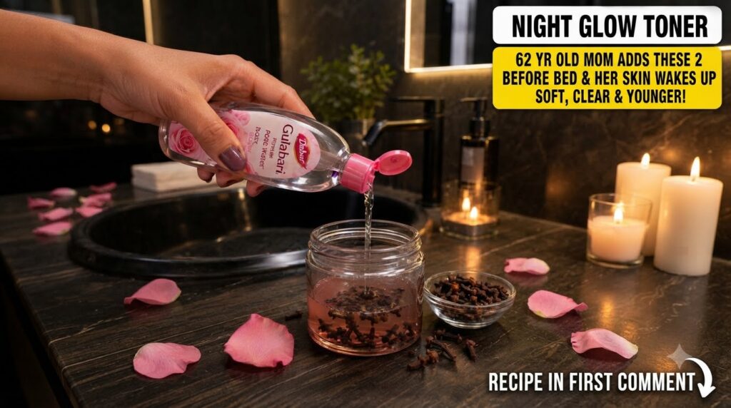 A hand pouring rose water into a glass jar filled with cloves and a reddish liquid with a pink rose petal and a bowl of