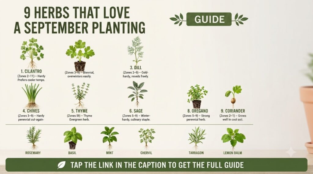 An infographic showing nine different herbs with botanical illustrations titled 9 HERBS THAT LOVE A SEPTEMBER PLANTING G