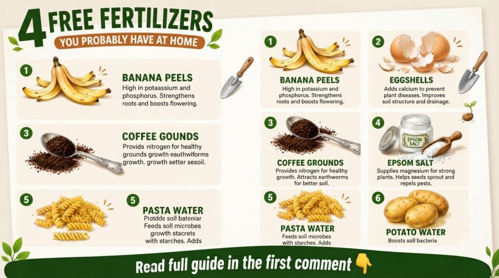 An infographic showing six common household items banana peels eggshells coffee grounds Epsom salt pasta water potato wa
