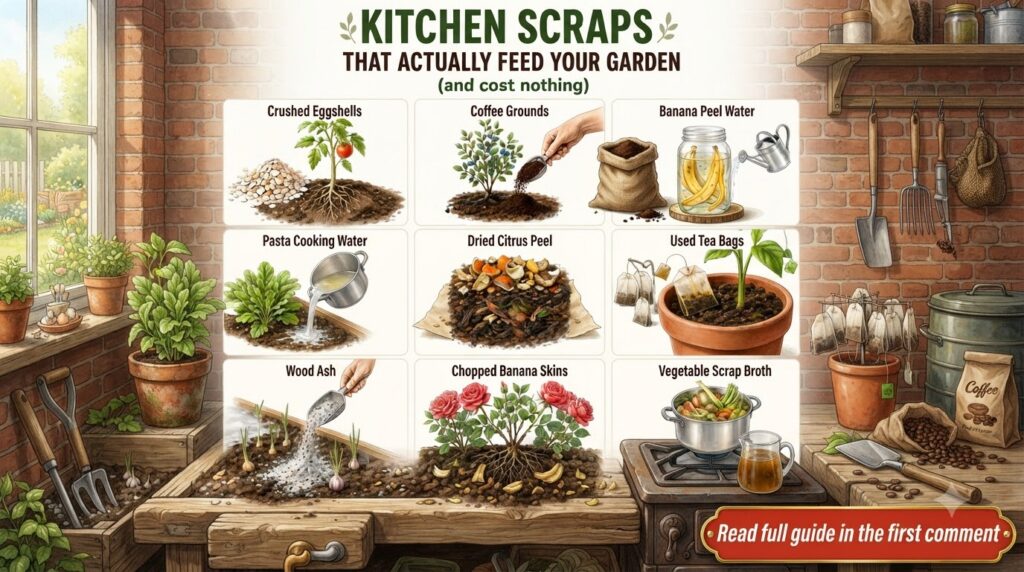 An infographic detailing nine different kitchen scraps that can be used as garden fertilizer including coffee grounds eg