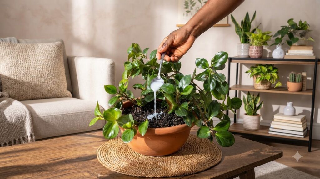 A dark-skinned hand holds a spoon pouring a white liquid fertilizer onto the dark soil of a healthy green houseplant in