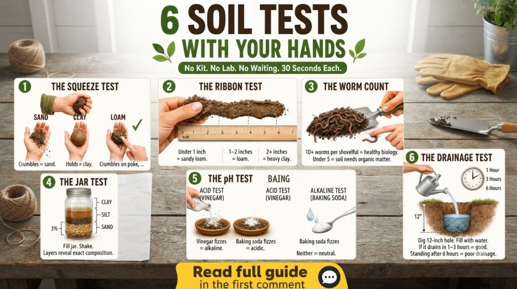 Infographic showing 6 different hand-on soil tests including squeezing ribboning worm counting jar test pH test and drai