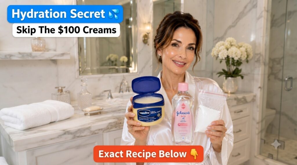 A woman in a white robe smiling holding a tub of Vaseline and a small bottle of glycerin in a clean bathroom setting