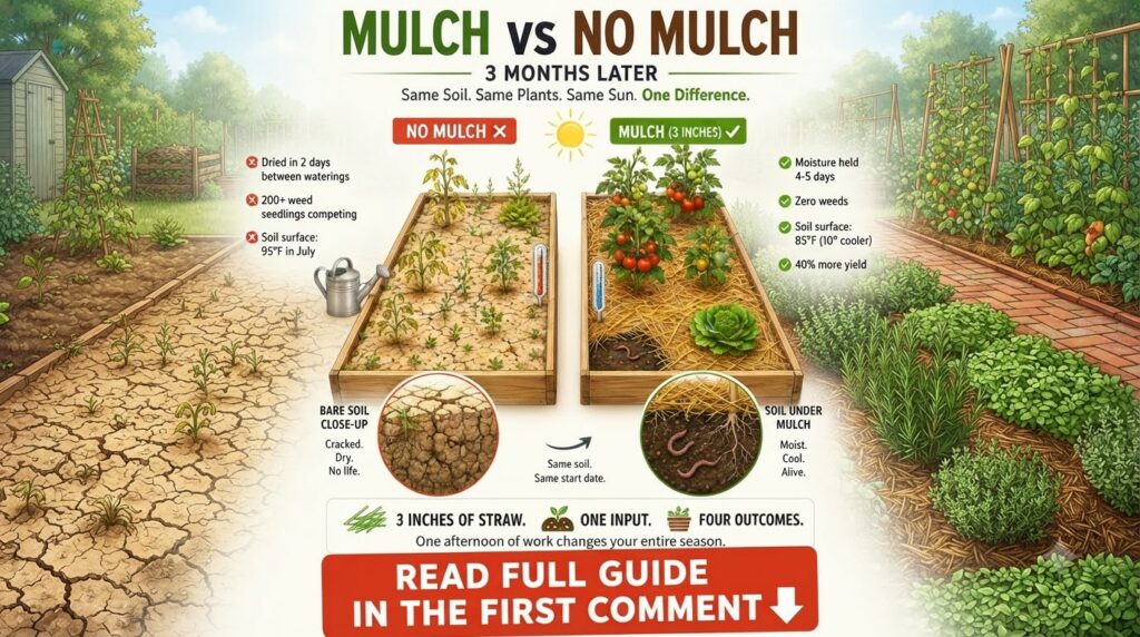 An infographic comparing a no mulch garden with dry soil struggling plants and weeds against a mulch 3 inches garden wit