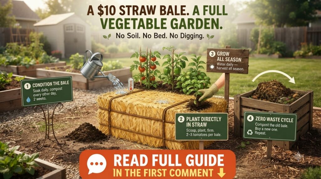 An infographic detailing the four steps of straw bale gardening Condition the Bale Plant Directly in Straw Grow All Seas