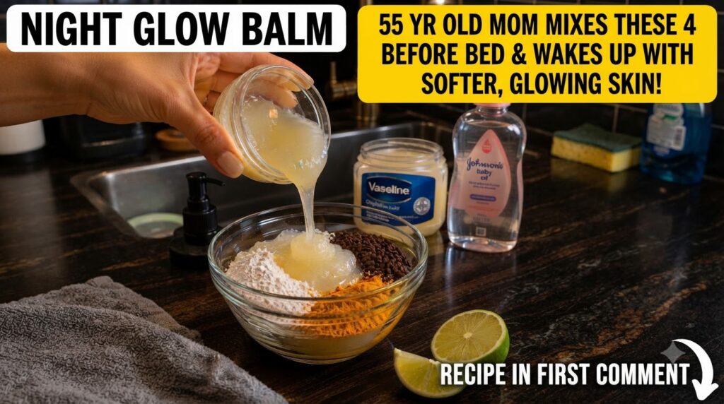 A hand pouring a translucent viscous gel into a glass bowl containing distinct piles of white powder yellow powder turme