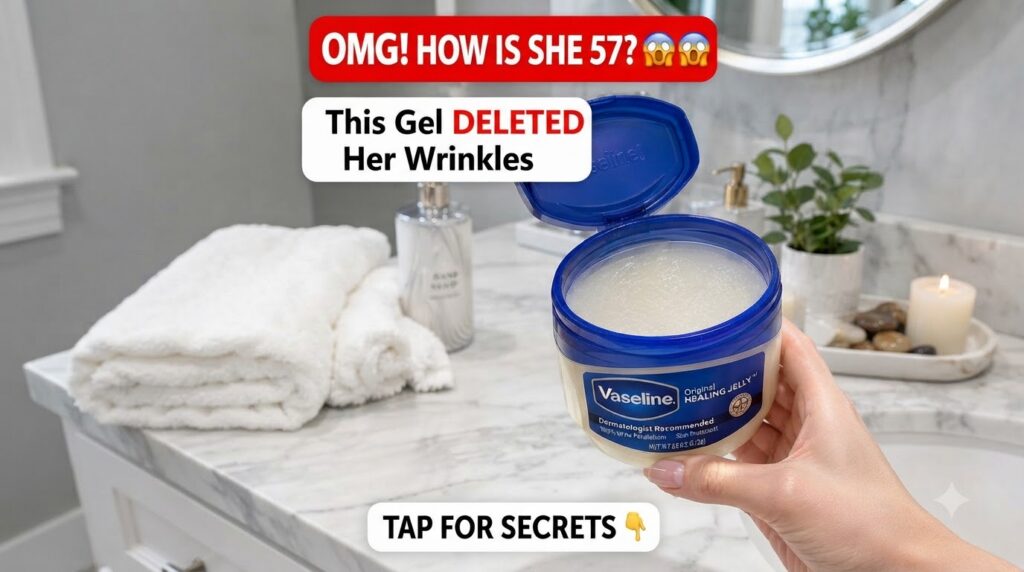 A pair of hands holding an open jar of Vaseline Original Healing Jelly presented as a skincare secret on a marble bathro