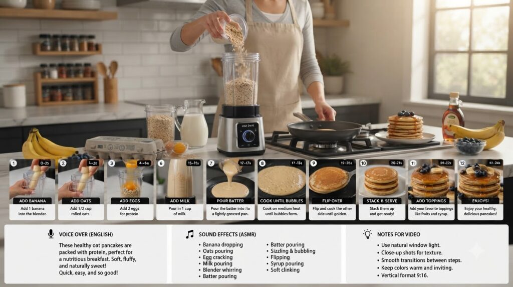 A twelve-panel infographic demonstrating the step-by-step process of making healthy oat pancakes from blending ingredien