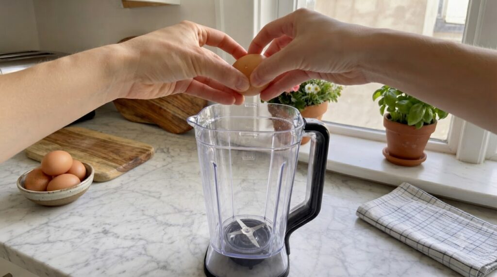 A pair of hands adding fresh colorful fruit into an empty transparent blender container in a bright kitchen setting