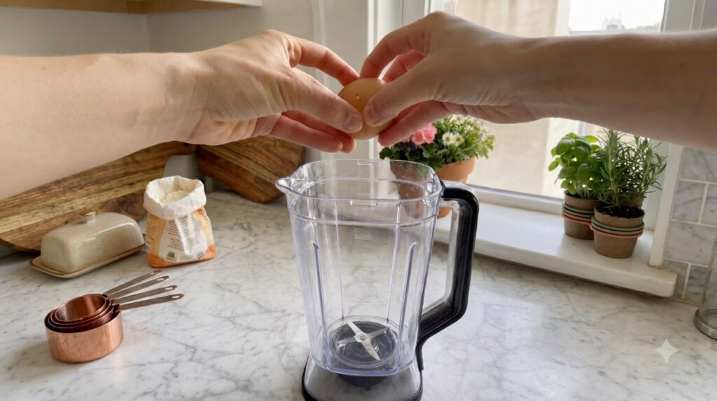Hands pouring plant-based milk into a blender with fresh fruits and greens for a vegan smoothie