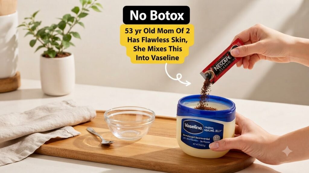 Hands pouring instant coffee granules from a red sachet into a tub of Vaseline on a wooden tray with text overlays about